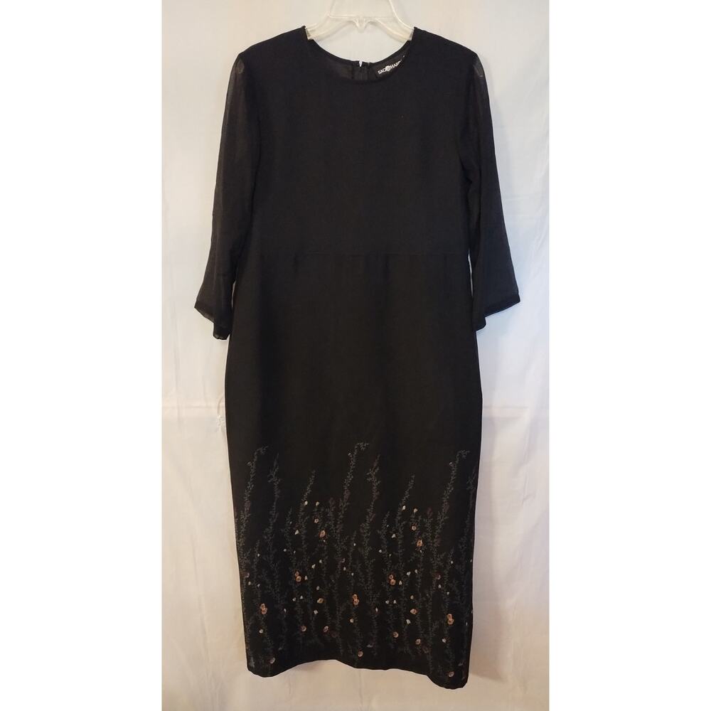 Sag Harbor Long Black Dress Back Slit Florals on Botton Sheer Lng Sleeves Size 8